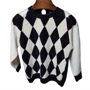 Vintage 80's I.B. Diffusion Beaded Argyle Black/White Silk Angora Sweater Medium